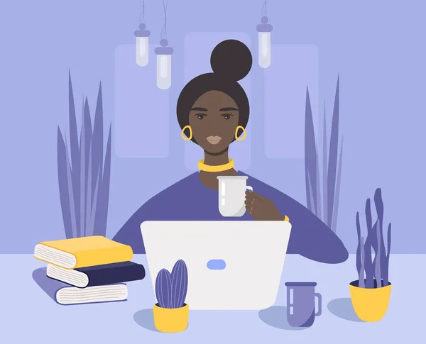 Vector Illustration Black Young Woman Working Studying Laptop Drinking Tea — 图库矢量图片