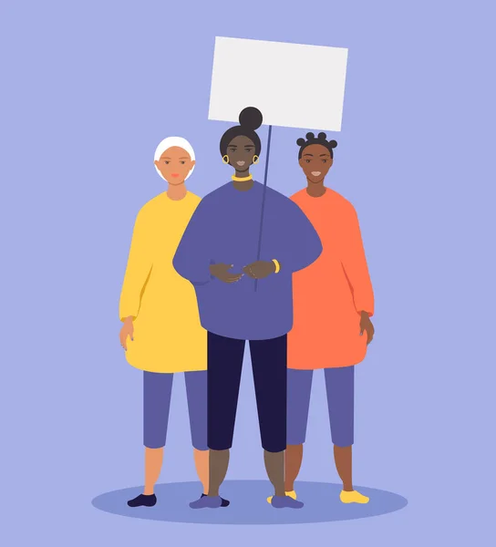 Vector Illustration Women Different Races Protest Hold Posters Demonstration Fight — стоковый вектор