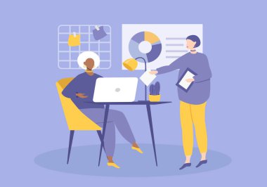  Vektör illüstrasyonu- ofiste dizüstü bilgisayarlı bir kadın çalışıyor, başka bir kadın evraklarını getiriyor. Düz biçimdeki resimleme eğilimi