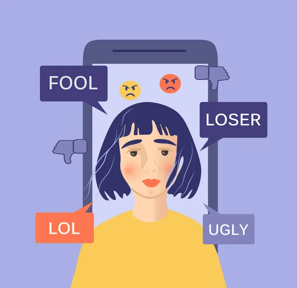 Vector Illustration Theme Cyber Bullying Crying Girl Her Smartphone Screen — стоковый вектор