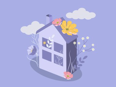  Uyum, denge ve hoş duygular teması üzerine vektör çizimi. Çiçeklerin yetiştiği güzel bir ev. Düz biçimli illüstrasyon