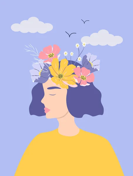 Vector Illustration Young Woman Flowers Her Hair Harmony Care Mental — Stock Vector