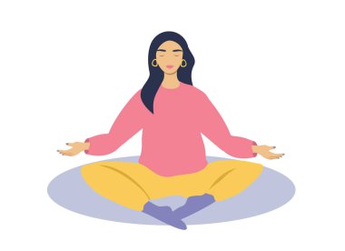  Uyum, denge ve hoş duygular teması üzerine vektör çizimi. Kız lotus pozisyonunda meditasyon yapıyor. düz biçim illüstrasyonu
