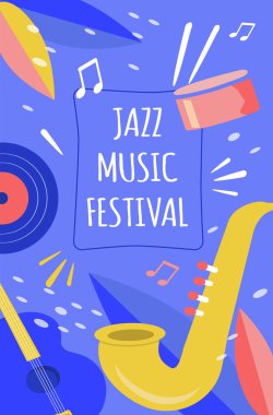 Caz müzik festivali için vektör illüstrasyon posteri. Çeşitli müzik aletleri, notalar, yazıtlar. düz stil poster