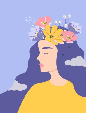  Vektör çizimi. Saçında çiçekler, bulutlar ve kuşlar olan genç bir kadın. Ahenk, akıl sağlığı, huzur. Düz biçimli illüstrasyon
