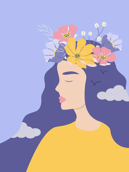Vektor Illustration Ung Kvinna Med Blommor Moln Och Fåglar Håret — Stock vektor