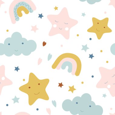  Şirin yıldızları ve bulutları olan kusursuz bebek deseni. Bebek giysilerinde, kumaşında, bebek odasındaki duvar kağıdında düz bir desen var.