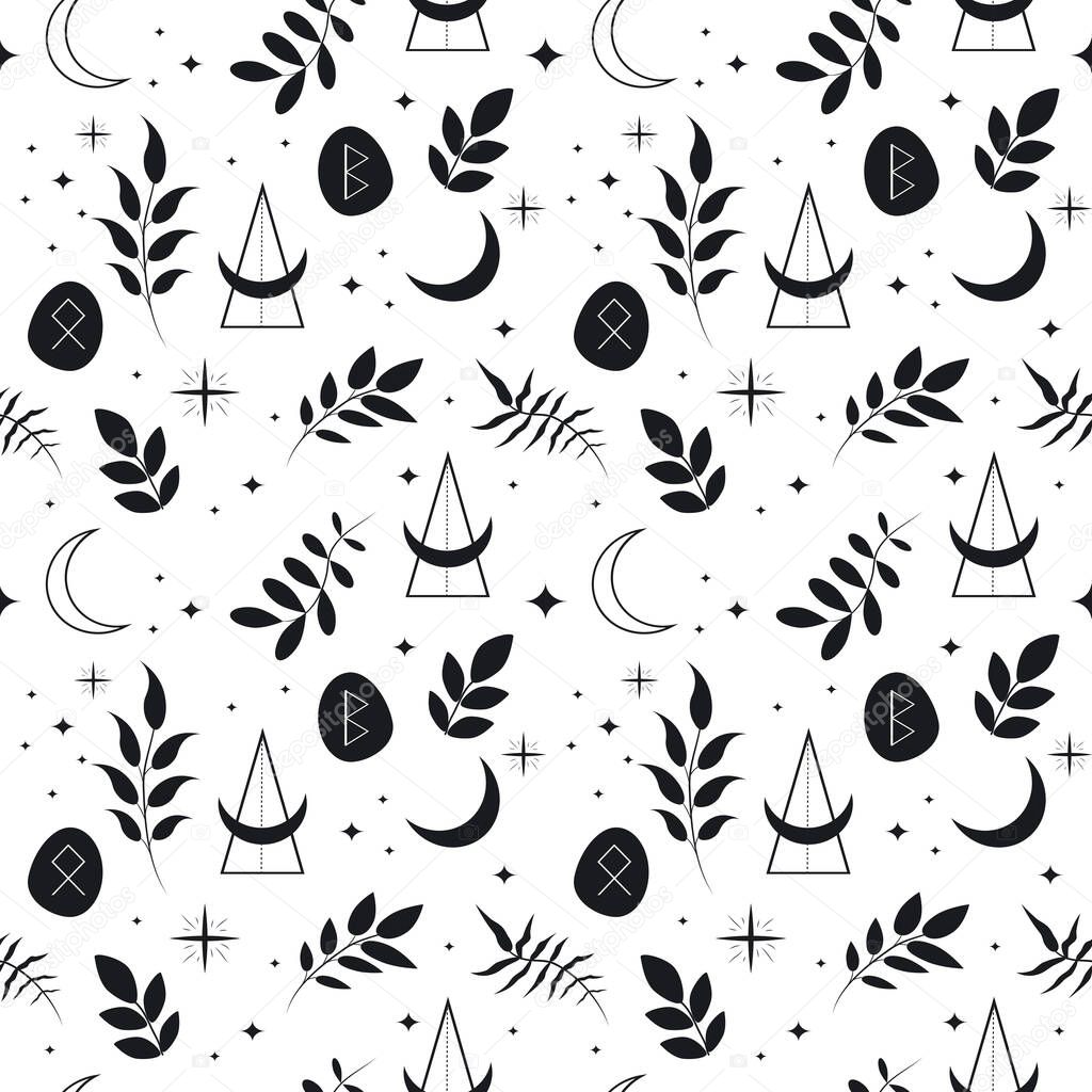  vector seamless pattern on the theme of esotericism, witchcraft, magic, astrology. pattern in flat style with runes, herbs, moons, planets. for printing on fabric, wrapping paper