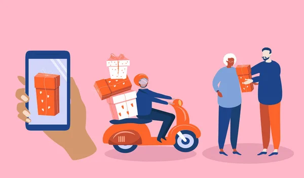  vector flat style illustration on the theme of delivery of gifts for valentine's day, delivery applications. A hand with a smartphone, a courier with gifts and a woman receiving a gift from a man.
