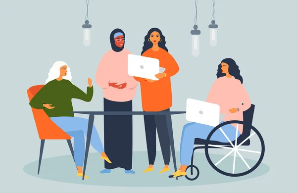  vector flat style illustration on the theme of inclusion and diversity. different women - a woman in a hijab and a woman, who use a wheelchair work in the office