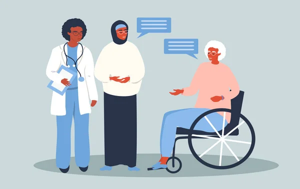 病媒图解 一个使用轮椅与医生和戴头巾的妇女交谈的老年妇女 手工画图 扁平画图 — 图库矢量图片