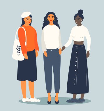  vector dlat style illustration - three young beautiful female students of different races in fashionable clothes