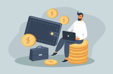  vector flat style illustration on the theme of investment, passive income. a man sits with a laptop on a stack of coins, next to a briefcase and a big wallet