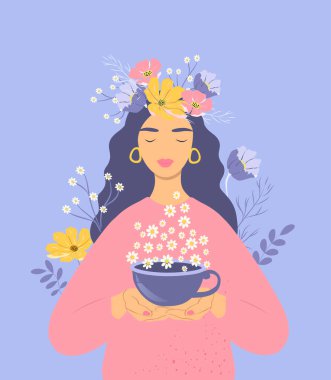  vector flat style illustration on the theme of spring, flowers. a girl in a wreath of meadow flowers carries a mug of chamomile in her hands