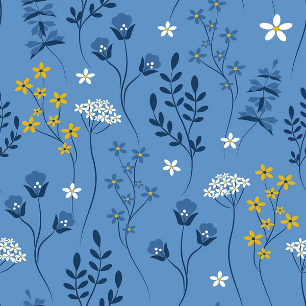 Vector Seamless Pattern Cute Meadow Flowers Blue Background Flat Style — стоковый вектор