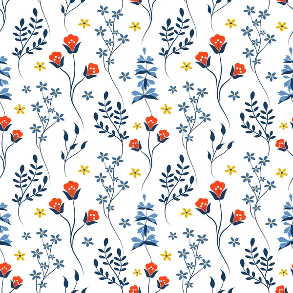 Vector Seamless Pattern Cute Meadow Flowers White Background Flat Style — стоковый вектор