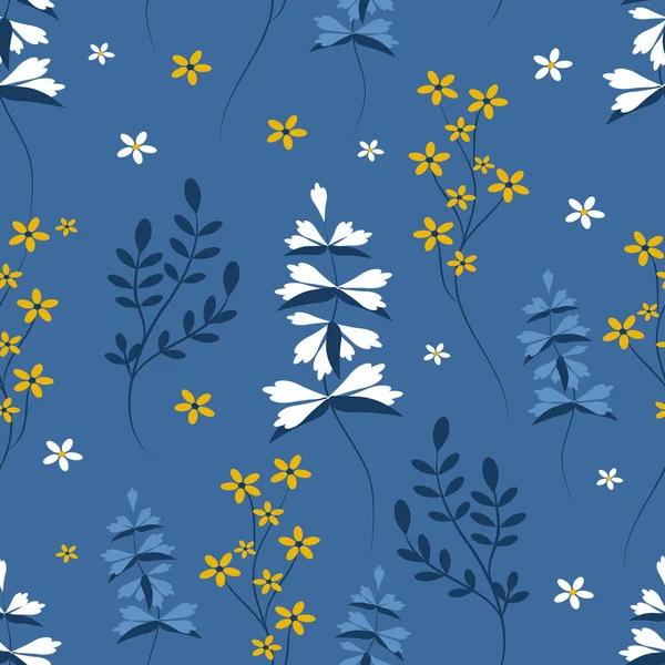 Vector Seamless Pattern Cute Meadow Flowers Blue Background Flat Style — стоковый вектор