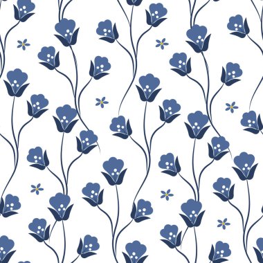  vector seamless pattern with cute blue flowers on white background. flat style pattern for printing on fabric, clothes, wrapping paper
