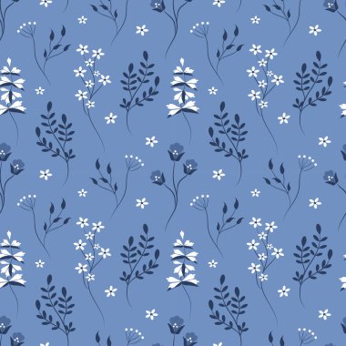  vector seamless pattern with cute meadow flowers on blue background. flat style pattern for printing on fabric, clothes, wrapping paper