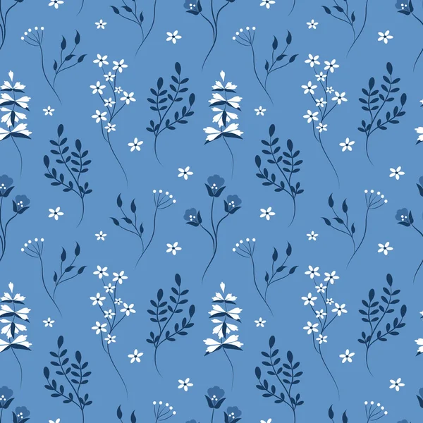 Vector Seamless Pattern Cute Meadow Flowers Blue Background Flat Style — Stok Vektör