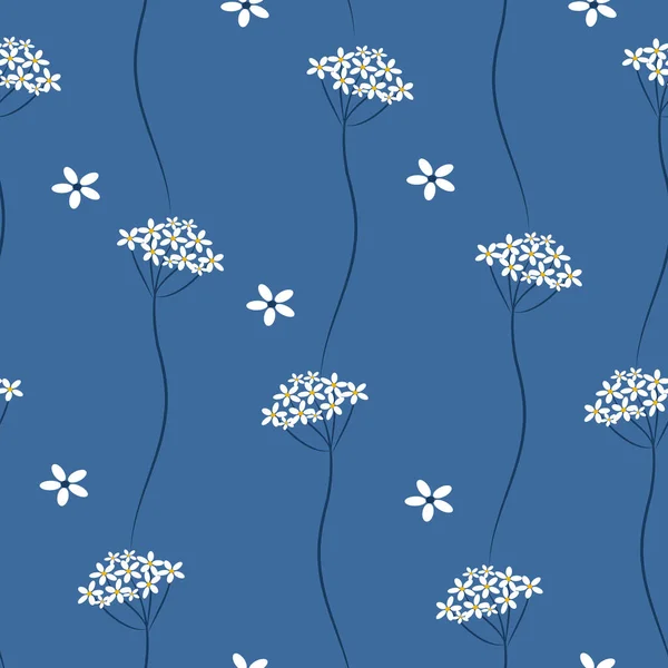 Векторный Бесшовный Узор Милыми Цветами Ярроу Синем Фоне Плоский Узор — стоковый вектор