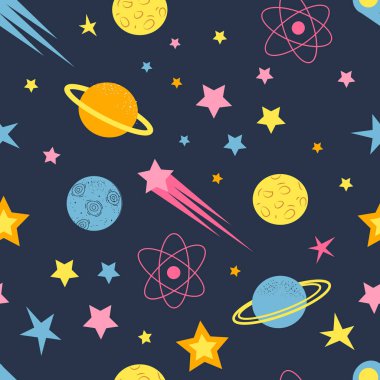  Uzayın temasındaki vektörsüz desen. Yıldızlar, gezegenler, kuyrukluyıldızlar ve asteroidlerle düz bir düzen. Kumaş, giysi, ambalaj kağıdı üzerine baskı yapmak için.