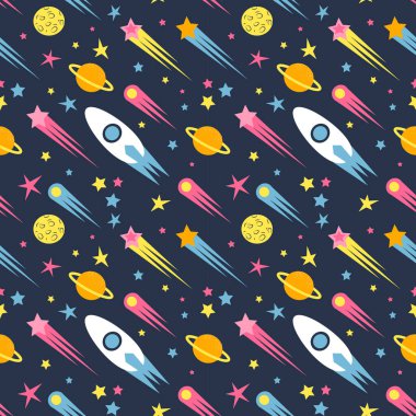  Uzayın temasındaki vektörsüz desen. Yıldızlar, roketler, kuyrukluyıldızlar, gezegenler ve asteroidlerle düz bir düzen. Kumaş, giysi, ambalaj kağıdı üzerine baskı yapmak için.