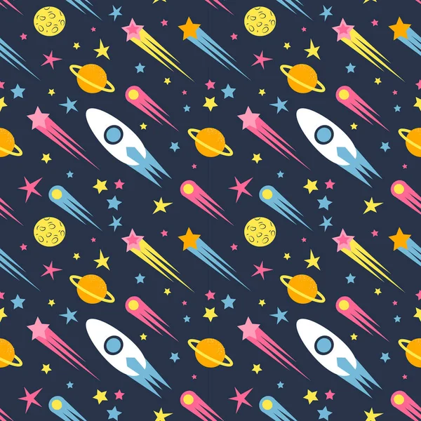  vector seamless pattern on the theme of space. pattern in flat style with stars, rockets, comets, planets, asteroids. for printing on fabric, clothing, wrapping paper