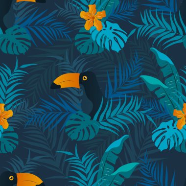  Elle çizilmiş tropikal süsleme, palmiye yaprakları, çiçekler ve yeşil tonda tukan kuşları olan vektörsüz desen. Orman modeli. Kumaşa baskı yapmak için eğilim düzdür. Giysiler, ambalaj kağıdı