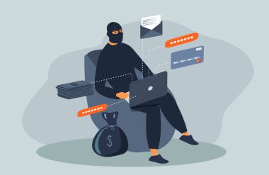 Siber güvenlik, internet dolandırıcılığı, kimlik hırsızlığı temalı düz vektör çizimi. Bir dolandırıcı dizüstü bilgisayarında oturur ve başkalarının parasını, şifrelerini ve kişisel bilgilerini çalar..