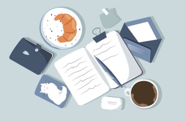  vektör düz biçim illüstrasyonu - şirin kırtasiye ögelerinin kümesi (defterler, günlükler, kalemler, takvimler, zarflar) mavi renklerde)