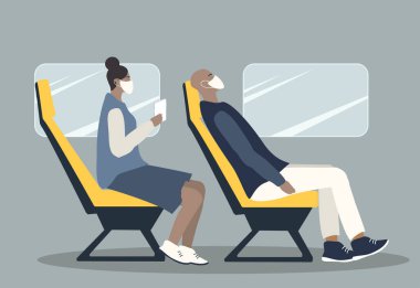  Vektör düz tyle çizimi - tıbbi maskeli bir adam ve kadın toplu taşıma araçlarına biniyorlar.