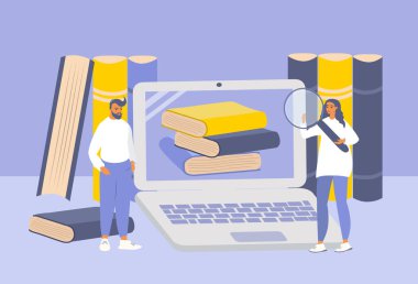  Elektronik kitaplar, sesli kitaplar, çevrimiçi kütüphane teması üzerine düz stil çizilmiş vektör el çizimi. Ekranında bir yığın kitap olan bir laptop. Bu kitapları okuyan insanlar.