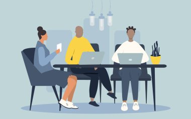  Vektör düz çizim - farklı ırktan insanlar ofiste dizüstü bilgisayarlar için çalışıyorlar.