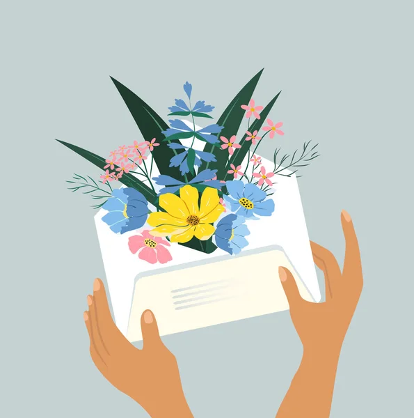 以妇女日为主题的矢量手绘画图 祝贺您 手拿着一个装有美丽花朵的信封 贺卡模板 — 图库矢量图片