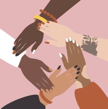  Kadın dayanışması, feminizm ve vücut pozitifliği konulu vektör çizimi. Farklı ırktan kadınların elleri birbirlerine uzanıyorlar. Düz biçimdeki resimleme eğilimi