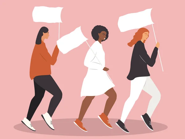  Feminizm teması, kadın hakları mücadelesi, uluslararası kadınlar günü üzerine düz bir şekilde çizilmiş bir çizim. Farklı ırktan kadınlar pankartlarla yürür.