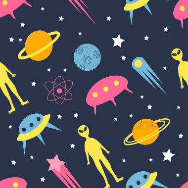  Uzaylılar, UFO, kuyrukluyıldızlar, gezegenler, yıldızlar ve asteroidlerle uzay temalı düz bir model. çocuk deseni kumaş, giysi, ambalaj kağıdı üzerine baskı için