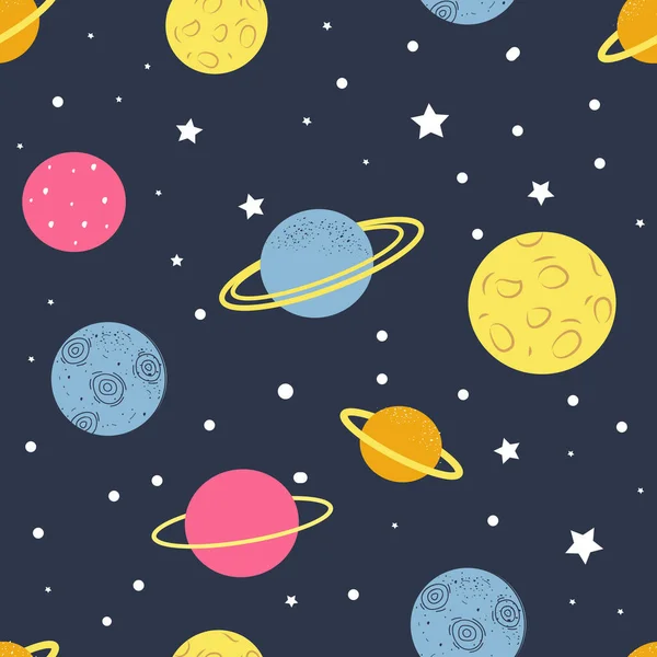  vector seamless pattern in flat style on space theme with hand drawn  planets, stars. kids pattern for printing on fabric, clothing, wrapping paper
