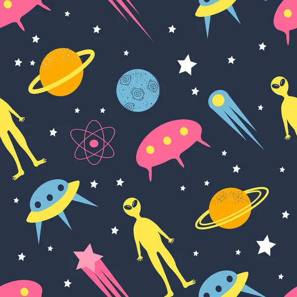  vector seamless pattern in flat style on space theme with hand drawn aliens, ufo, comets, planets, stars and asteroids. kids pattern for printing on fabric, clothing, wrapping paper