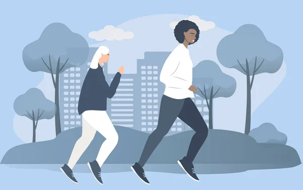 Векторная Ручная Иллюстрация Плоском Стиле Тему Пробежки Две Девушки Бегают — стоковый вектор