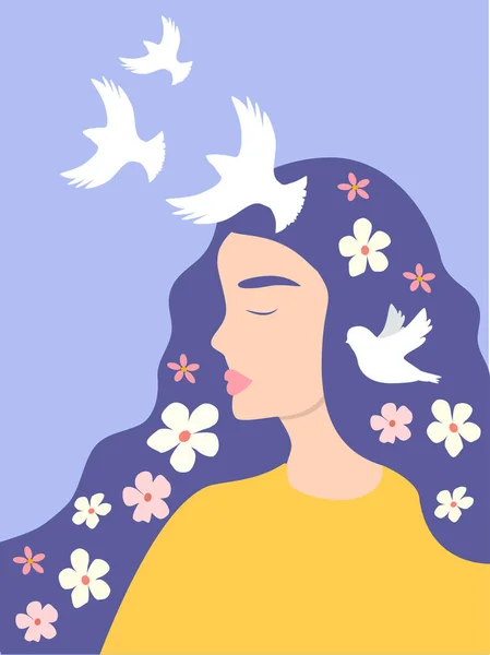精神衛生 静けさをテーマに平らなスタイルでイラストを描いたベクトル手 髪に花や鳥が描かれた少女の肖像画です — ストックベクタ