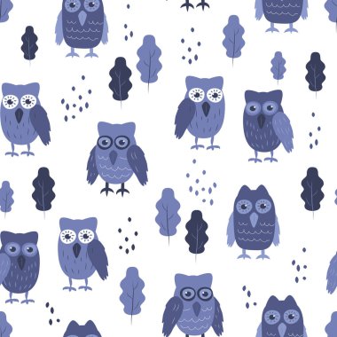  Değişik şirin baykuşlarla düz bir şekilde vektörsüz desen. Kumaş, giysi, ambalaj kağıdı, duvar kağıdı üzerine baskı yapmak için çocuk deseni.
