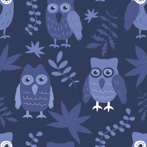  Değişik şirin baykuşlarla düz bir şekilde vektörsüz desen. Kumaş, giysi, ambalaj kağıdı, duvar kağıdı üzerine baskı yapmak için çocuk deseni.