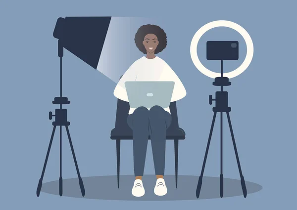 矢量手绘插图的平面风格的主题写博客 创造视频内容 在智能手机上拍摄视频的年轻黑人妇女 — 图库矢量图片