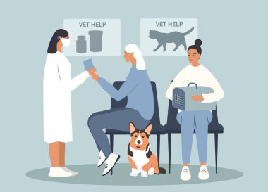  Veterinerlik kliniğinin temasına düz stil çizilmiş vektör el çizimi. Veteriner danışman köpek sahibi, sırada bekleyen insanlar.