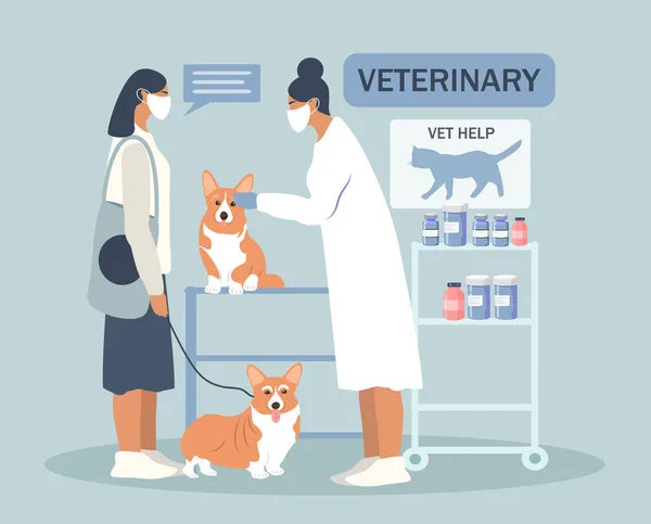 Illustration Vectorielle Dessinée Main Style Plat Sur Thème Clinique Vétérinaire — Image vectorielle