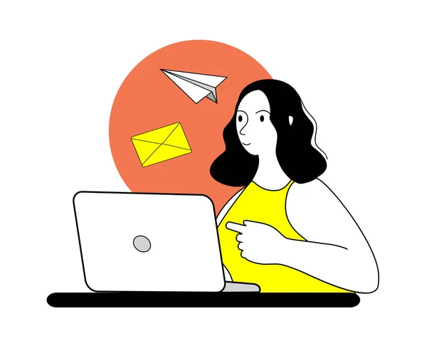 Ilustração Vetorial Uma Jovem Senta Laptop Responde Mails Modelo Apresentação Ilustração De Stock