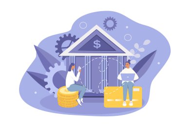  Çevrimiçi bankacılık temasında düz stil çizilmiş vektör el çizimi. İki kadın birbirlerine bilgisayar ve akıllı telefondan para aktarıyor.