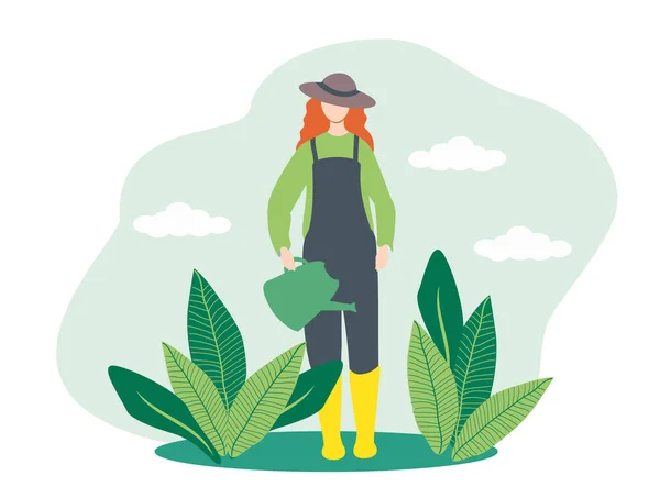 关于园艺主题的矢量手绘平面插图 戴着帽子和橡胶靴的女农民从浇灌罐中浇灌植物 — 图库矢量图片